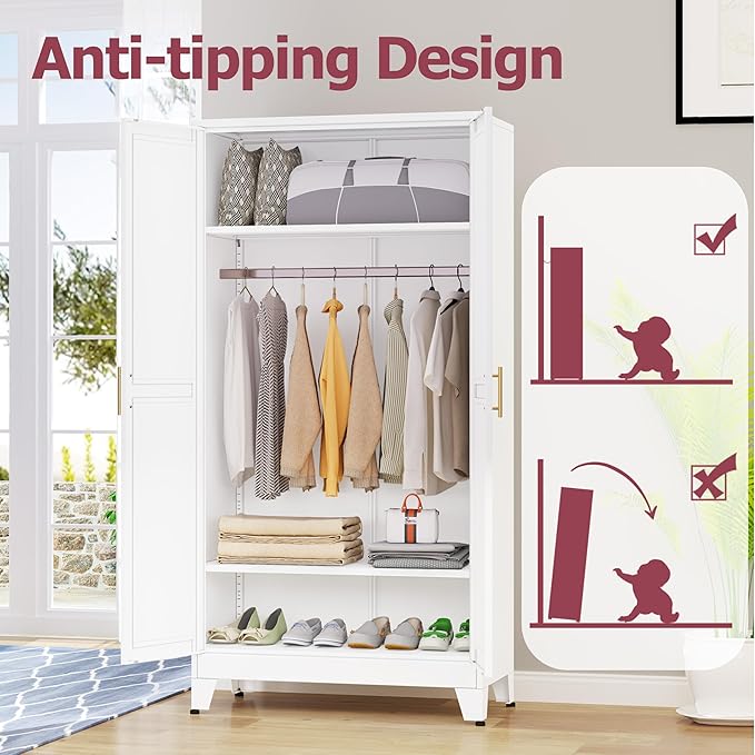 Metal Wardrobe Cabinet with Hanging Rod, 71" Metal Clothing Storage Cabinets with 2 Doors and Adjustable Shelves, White Armoire Wardrobe Closet for Bedroom, Laundry Room, Cloak Room