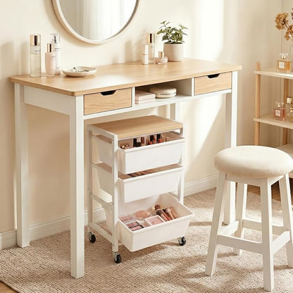 Rolling Cart with 3 Drawers, Plastic Drawer Storage Carts with Lockable Wheels & Wooden Tabletop, Metal Art Craft Utility Cart Organizer for Home Office Bedroom Dorm Bedside Classroom, Bright White
