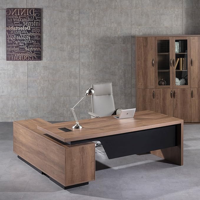 SAINTCY Retractable L-Shaped Executive Desk, Commercial-Grade Office Desk with Reversible Storage Cabinet, Modern Executive Desk with Drawers and Lateral File Cabinet for Home & Business Office