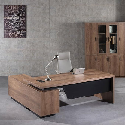 SAINTCY Retractable L-Shaped Executive Desk, Commercial-Grade Office Desk with Reversible Storage Cabinet, Modern Executive Desk with Drawers and Lateral File Cabinet for Home & Business Office
