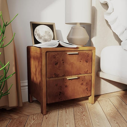 COZAYH Farmhouse Nightstand with 2 Drawer, Distressed Wood Rustic Accent Bedside Table, Burl Finish Side Table for Bedroom, Entryway, Fully Assembled, Brown