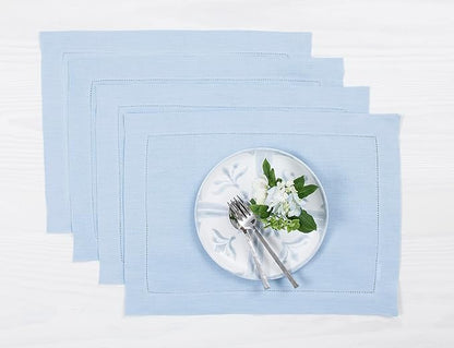 Solino Home Linen Placemats Set of 4 - Classic Hemstitch Sky Blue Placemats 14 x 19 Inch - 100% Pure Linen Table Mats for Spring, Easter