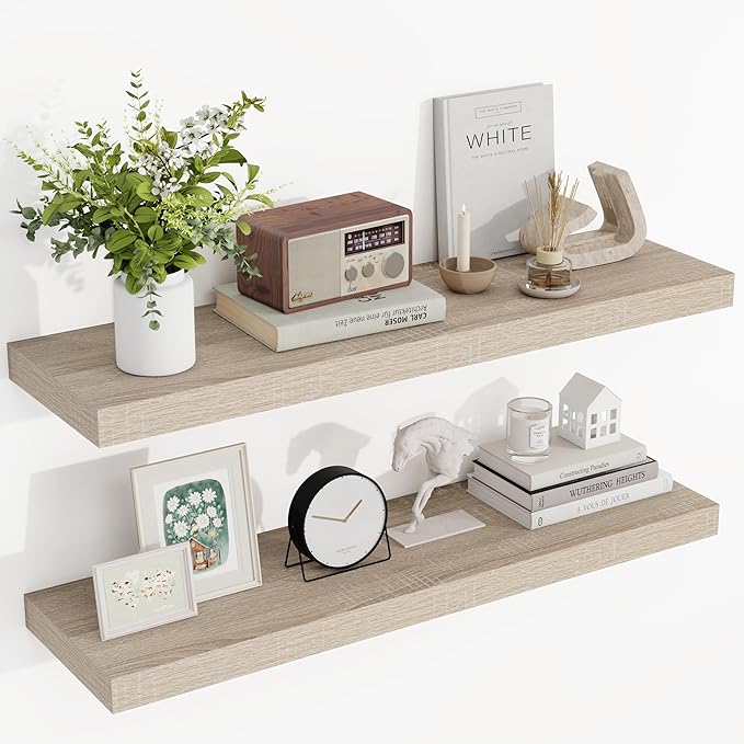 Acovy 36 Inch Floating Shelves, 3D Textured Wood Grain, 36"x9.25"x1.5" Inch Deep Floating Shelves for Wall, Wooden Shelves for Bathroom, Bedroom, Living Room, Vintage White Oak, 2 Pieces