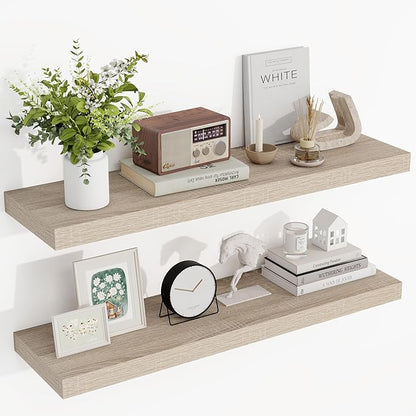 Acovy 36 Inch Floating Shelves, 3D Textured Wood Grain, 36"x9.25"x1.5" Inch Deep Floating Shelves for Wall, Wooden Shelves for Bathroom, Bedroom, Living Room, Vintage White Oak, 2 Pieces