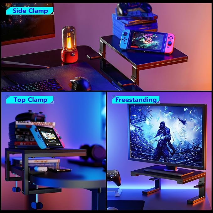 ARES WING Clamp-On Desk Extender & Monitor Shelf – 15" Space Booster, Freestanding or Clamp Mount, Holds 44 lbs, No Drill Desktop Organizer for Office/Gaming, Black