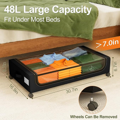 GoMaihe Under Bed Storage with Wheels: 48L Underbed Storage Containers with Clear Lids - Rolling Drawers & Bins for Shoes Clothes in Dorm Bedroom - Space-Saving Easy Pull-out Black 4-Pack