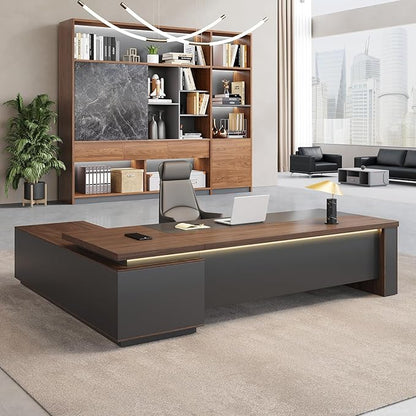 L-Shaped Executive Desk with LED Lights, Lockable Storage & 3-in-1 Charging Station, Reversible Cabinet, Modern Wood Office Desk for CEO, Manager & Home Office(Red Walnut+Black, 71"L*63"W*30"H)