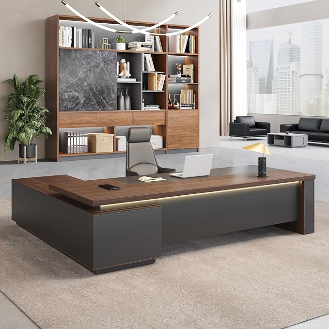 L-Shaped Executive Desk with LED Lights, Lockable Storage & 3-in-1 Charging Station, Reversible Cabinet, Modern Wood Office Desk for CEO, Manager & Home Office(Red Walnut+Black, 87"L*71"W*30"H)