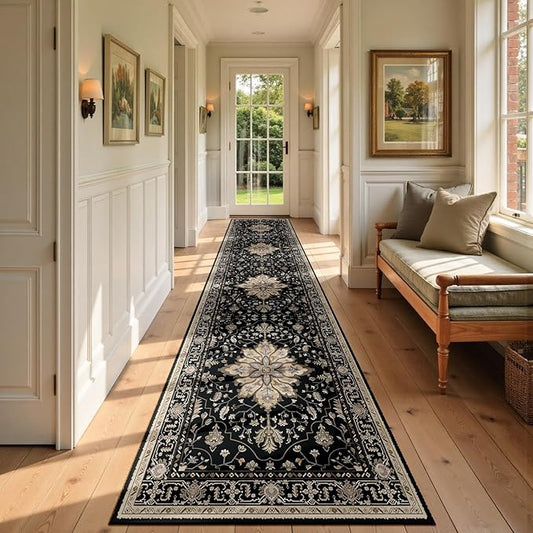 RELEANY Area Rugs Runner 2'6"x14' Washable Non-Slip, Floral Vintage Distress Medallion Carpet for Kitchen Hallway Bedroom Beside Laundry Room Bathroom, Black Brown Neutral Dark Tan