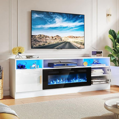 MXV 70" Fireplace TV Stand with Power Outlet for TVs UP to 80", Electric Fireplace Entertainment Center with LED Lights & Storage Cabinets, TV Console for Living Room, Office, White-Black