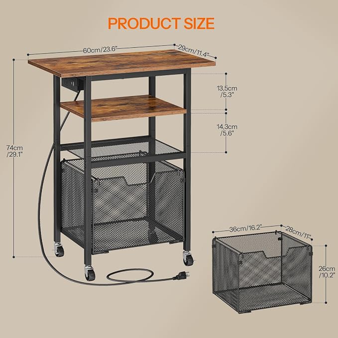 HOOBRO Printer Stand, Printer Table with Charging Station, Printer Cart with Hanging File Folder Organizer, Rolling File Cabinet Cart, Shelf for Home Office, Rustic Brown and Black BF17UPS01