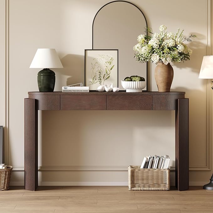 Entryway Table with Natural Wood Grain Finish, Console Table with Fluted Design, Oval Top and 2 Drawers for Entryway and Living Room (Espresso)
