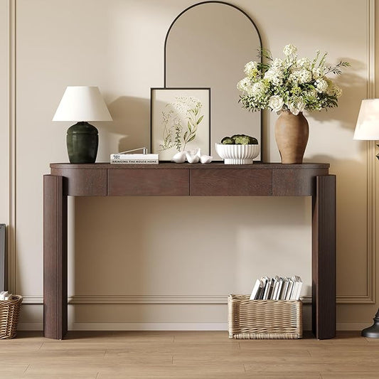 Entryway Table with Natural Wood Grain Finish, Console Table with Fluted Design, Oval Top and 2 Drawers for Entryway and Living Room (Espresso)