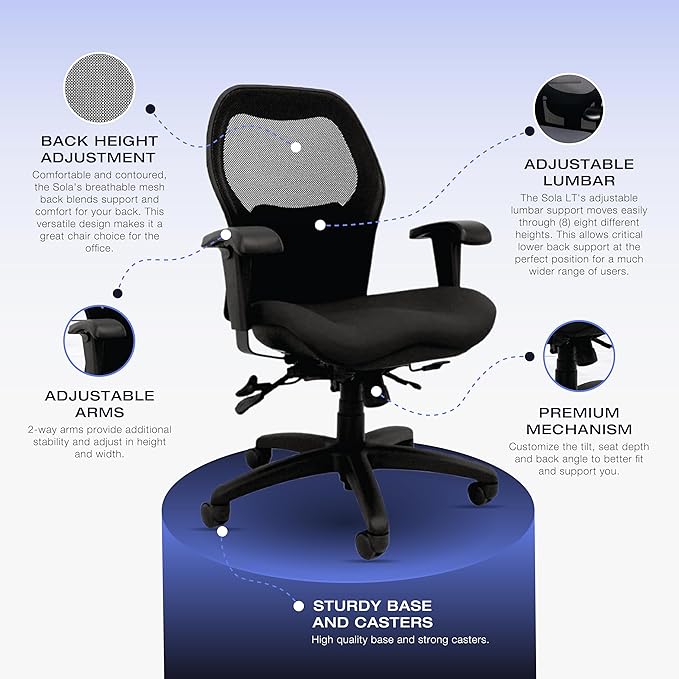 Seating Sola LT Ergonomic Office Chair | Comfortable Mid Back Computer Chair | Back Support Office Chair | Ultra-Soft | Ergonomic Lumbar Support Chair | (Sapphire Blue)