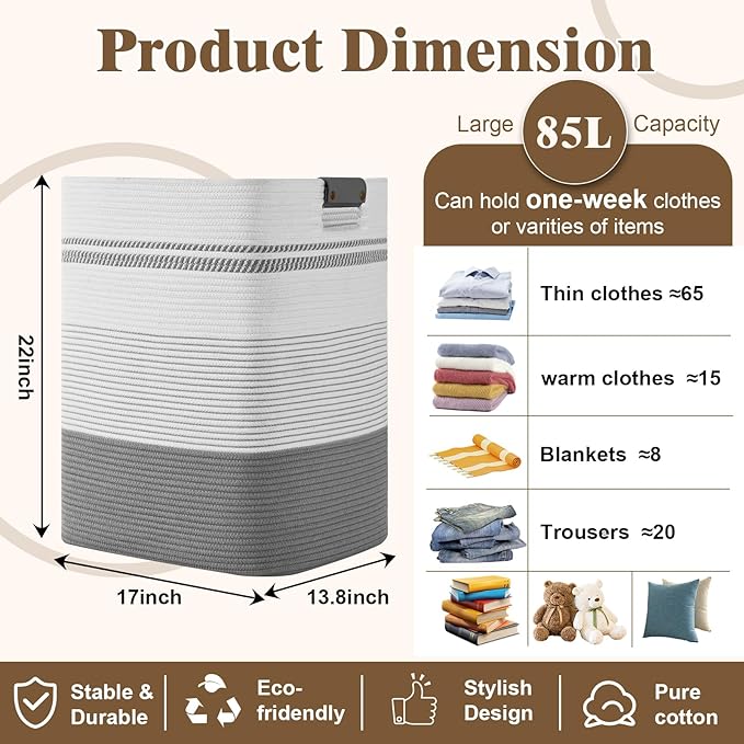 Degeyoyo Laundry Hamper, 85L Tall Laundry Basket with Leather Handles, Rectangle Large Clothes Hamper for Organizing, Cotton Woven Laundry Baskets Storage Hampers for Bedroom, Nursery, Living Room