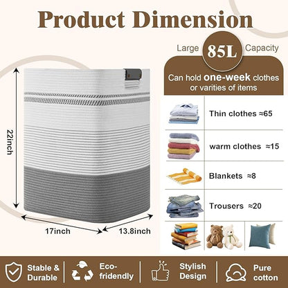 Degeyoyo Laundry Hamper, 85L Tall Laundry Basket with Leather Handles, Rectangle Large Clothes Hamper for Organizing, Cotton Woven Laundry Baskets Storage Hampers for Bedroom, Nursery, Living Room