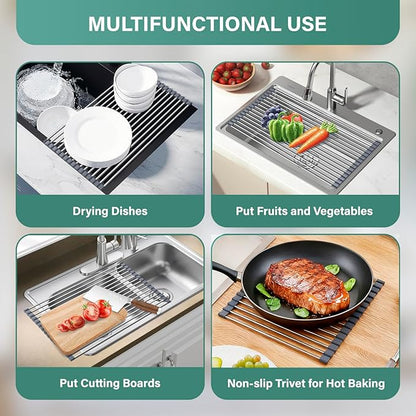 Extra Large Expandable Roll Up Dish Drying Rack, 22.8 x 17.3 in with Expandable Storage Basket Over The Sink Rolling Dish Drainer, Foldable Sink Dish Drainer for Kitchen Counter