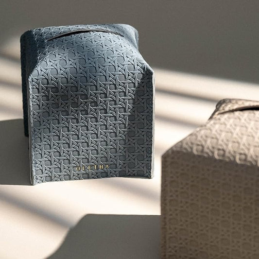 OLETHA Square Tissue Box Cover - Aesthetic Desk Decor for Room, Home & Office - Tissues Cube Boxes Holder - Lattice Patterns, Ash Blue