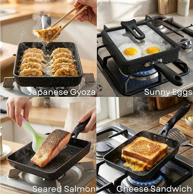 Tamagoyaki Pan - Japanese Egg Pan with Lid - Japanese Omelette Pan Rectangular - Rolled Omelet Nonstick Square Frying Pan - Tamago Cooking Pan Induction Compatible 7x6