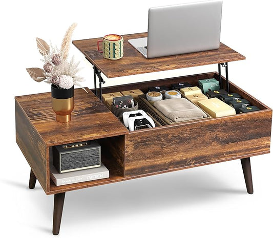 WLIVE Coffee Table with Storage & Lifting Top for Living Room, 21" Small Lift Top for Small Space Apartment, 31" Wooden Multifunctional Coffee & Dining Center Table for Home Office Work, Rustic Brown