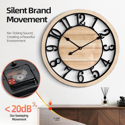 LEIKE 24 Inch Large Wall Clock - Rustic Wooden Silent Non-Ticking Wall Clock with Black Metal Frame, Vintage Farmhouse Decorative for Living Room, Bedroom, Kitchen - Arabic Numerals, Modern Design