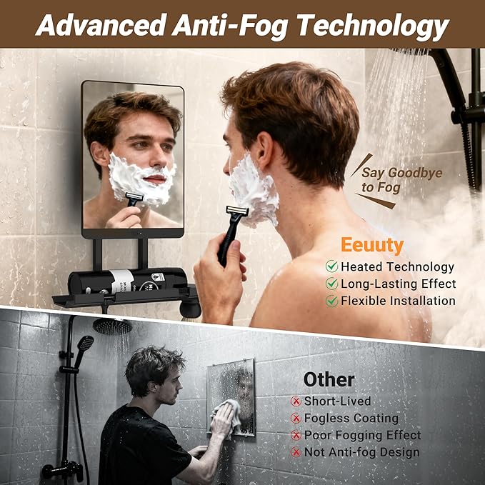 Heated Fogless Shower Mirror for Shaving, 5000mAh Long-Lasting Anti-Fog Shower Mirror with 360° Rotating Design & Razor Holder, Fog-Free Shaving Mirror for Men (Black)