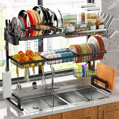 ADBIU Over Sink Dish Drying Rack (Expandable Height/Length) Snap-On Design Large Dish Drainer Storage Counter Organizer 32-40L x 12W x 34-38H (inches)