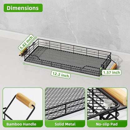 VITVITI Metal Toilet Paper Basket Storage, Bathroom Toilet Tank Tray with Bamboo Handle Countertop, Back of Toilets Tray Basket for Vanity Kitchen Counter Decor, Black