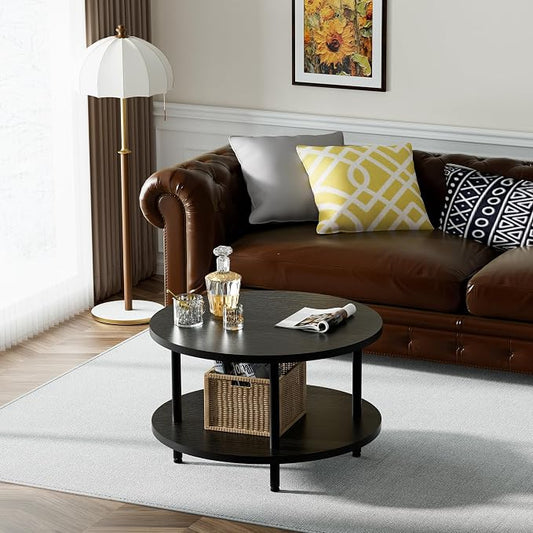 FAMIDGE Round Coffee Table, 23.6" Circle Coffee Table for Living Room, 2-Tier Wood Accent Center Table with Open Storage Industrial Design Home Furniture, Black