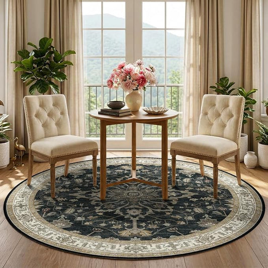 RELEANY Area Rugs Round 5ft Washable Non-Slip, Floral Vintage Distress Medallion Carpet for Living Room Bedroom Dining Room, Vintage Black Brown Neutral