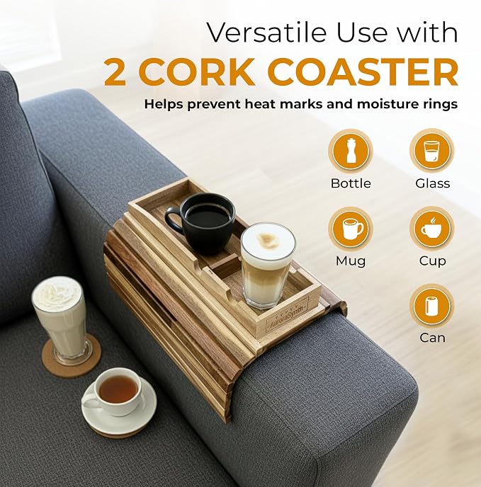 Couch Cup Holder Tray With 2 Cork Coasters, Couch Arm Tray, 2 In 1 Anti-Slip Foldable Sofa Arm Tray, Couch Armrest Table, Anti-Spill Couch Arm Table for Drinks TV Remote Cellphone Snacks (Acacia Wood)
