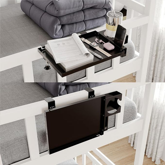 Metal Bedside Shelf Table Tray with Cup Holder, Foldable Bed Side Table for Bunk Bed & Top Bunk, College Dorm Room Essentials for Guys & Girls, Clip-on Laptop Nightstand for IKEA Beds, Black