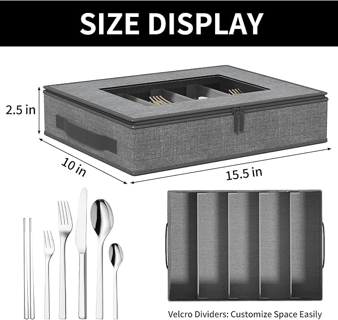 Aokeyee 2-Pack Silverware Storage Box, Sturdy Flatware Organizer with 5 Compartments & Adjustable Dividers, Upgrade Utensil Case with Clear Lid & Handle for Knives, Forks & Spoons, Gray