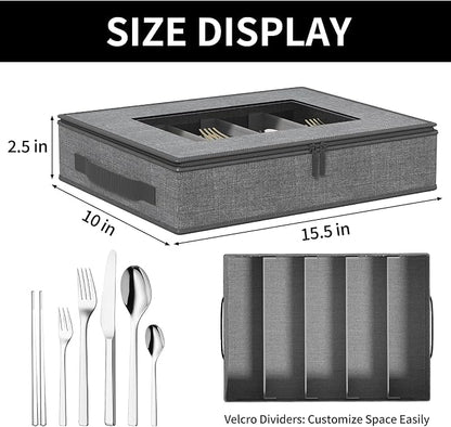 Aokeyee 2-Pack Silverware Storage Box, Sturdy Flatware Organizer with 5 Compartments & Adjustable Dividers, Upgrade Utensil Case with Clear Lid & Handle for Knives, Forks & Spoons, Gray
