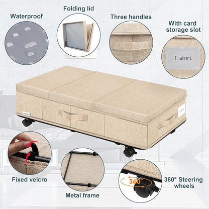 Supowin Under Bed Storage with Wheels, Rolling Underbed Storage Containers with Lids, Under Bed Shoe Storage Bins Organizer with Reinforced Metal Bottom Support and Three Handles