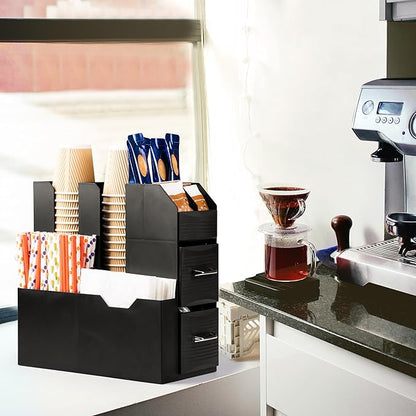 SZQINJI Coffee Condiment Organizer 11-Compartment Breakroom Coffee Station Organizer Countertop Cup Storage with 2 Drawers Black