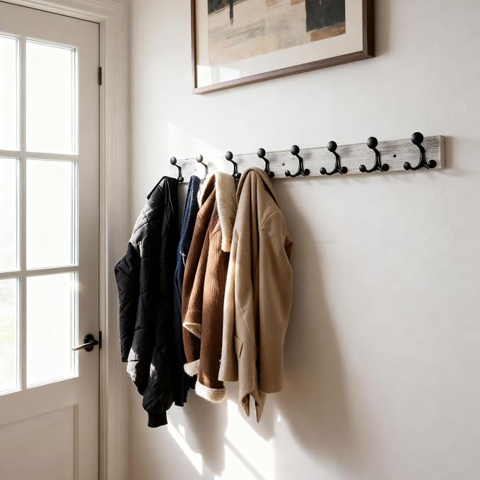 SKOLOO 43-Inch Wood Coat Rack Wall Mount with 8 Triple Hooks - Ideal for Family Entrances, Classrooms, and Pet Supplies Storage - Perfect Coat Hooks for Wall,Distressed White Wash, Pack of 2