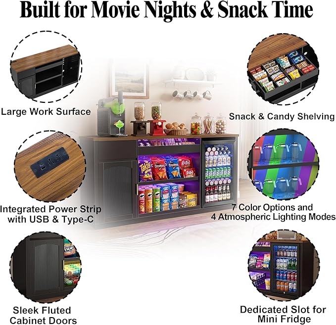 GDLF Snack Bar Cabinet with Fridge Space, 70.1" Snack Organizer with Storage and Candy Display Shelf, Coffee Station for Home Theater or Game Room with LED Lights, Black