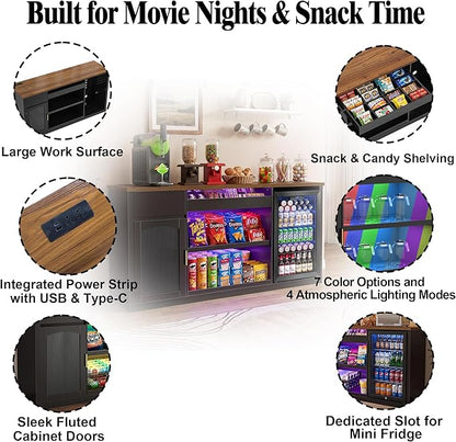 GDLF Snack Bar Cabinet with Fridge Space, 70.1" Snack Organizer with Storage and Candy Display Shelf, Coffee Station for Home Theater or Game Room with LED Lights, Black