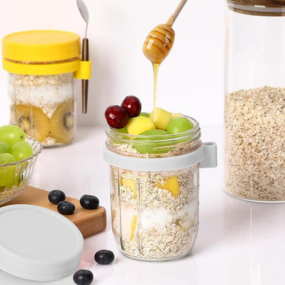 16oz Glass Mason Overnight Oats Jars, Cereal, Yogurt, Salad Lunch,Glass Overnight Oats Containers with Lids and Spoon, Container with Measurement Marks - (Grey&White-2Pcs)