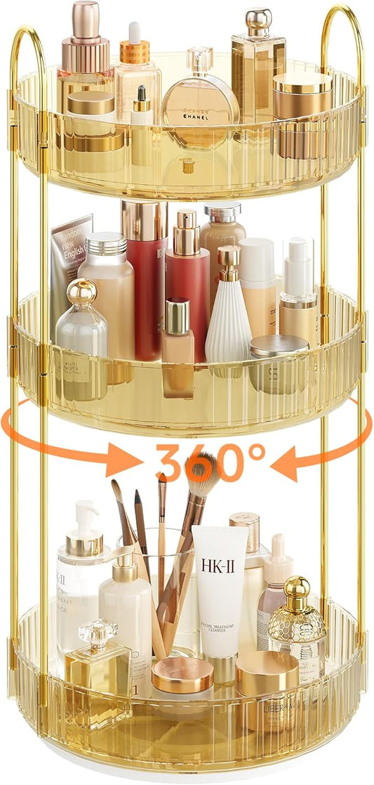 Rotating Makeup Organizer Countertop,Skincare Organizers,Spinning Perfume Tray Stand,Makeup Storage Organizer for Vanity,Bathroom Organizer and Storage,Lazy Susan,3 Tier,Gold