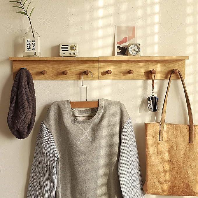 Entrance Coat Rack ，Coat Hooks, Wall-Mounted Wooden Hook Rack, Wall-Mounted Shelves are Very Suitable (Oak Color Finish—A-2)