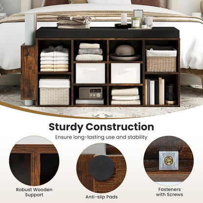Giantex Shoe Storage Bench with Umbrella Stand, 10-Cubby Entryway Shoe Rack Organizer with Padded Seat, Adjustable & Removable Shelves for Hallway, Living Room & Bedroom (Rustic Brown)