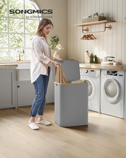 SONGMICS Laundry Hamper with Lid, 2-Section Large Laundry Basket, 34.3-gallon (130L), Removable Mesh Liner, Bamboo Handles, Collapsible, 20.5 x 15.2 x 27.8 Inches, Dove Gray ULCB513G01