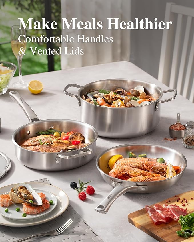 Stainless Steel Cookware Set,Tir-Ply Pots and Pans Set,13 Pcs Stainless Steel Induction Kitchen Cookware Sets,PFOA Free, Frying Pans, Butter warmer,Saute Pan & Stock Pot,Compatible with All Cooktops