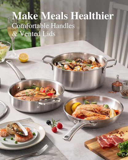 Stainless Steel Cookware Set,Tir-Ply Pots and Pans Set,10 Pcs Stainless Steel Induction Kitchen Cookware Sets,PFOA Free, Frying Pans, Butter warmer,Saute Pan & Stock Pot,Compatible with All Cooktops