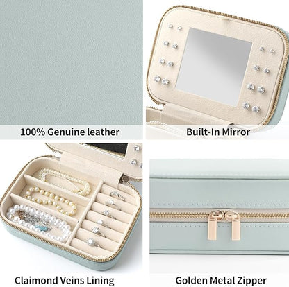 Genuine Leather Travel Jewelry Organizer Case with Mirror for Women, Small Mini Portable Jewelry Box for Ring Earrings Necklace Bracelet Luxury Gift for Women（Cyan）
