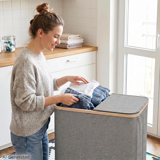 DOKEHOM 160L Extra Large Laundry Hamper with Lid, 2-Section Double Laundry Basket with Removable Mesh Liner Bags, Collapsible Clothes Sorter for Family, Bedroom, Laundry Room, Dark Grey