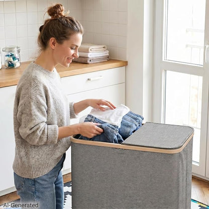 DOKEHOM 160L Extra Large Laundry Hamper with Lid, 2-Section Double Laundry Basket with Removable Mesh Liner Bags, Collapsible Clothes Sorter for Family, Bedroom, Laundry Room, Dark Grey