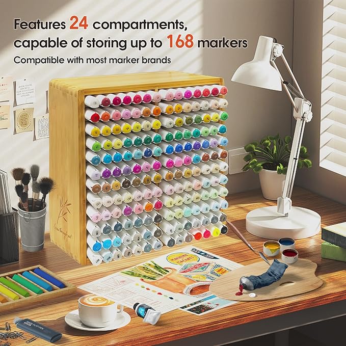 Marker Organizer for 168 Markers,Bamboo Wooden Desk Storage Organizer Rack,Markers Pens Pencils Art Brushes Storage Holder for Home Classroom Office Decor.
